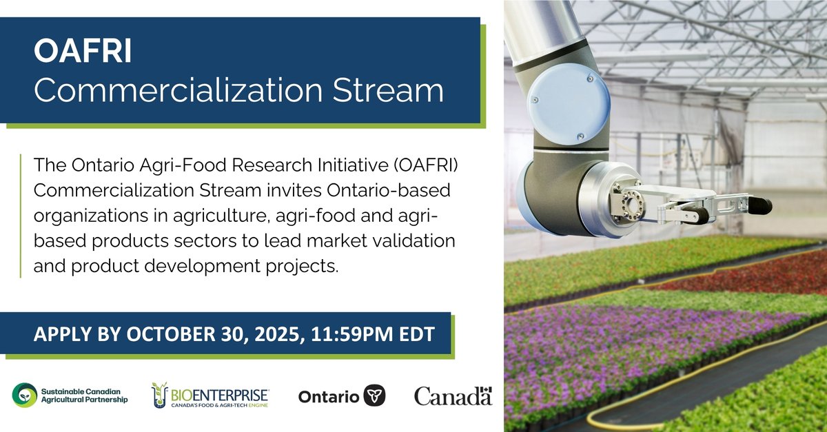 BioenterpriseCA's tweet photo. Innovation starts at here! 🌱 The OAFRI Commercialization Stream helps Ontario’s agri-businesses bring new products to market with funding up to $150K.
Don't miss out → https://t.co/UrWR5SJc4z
#SustainableCdnAg #AgCanDurable https://t.co/ETWjl5hkts