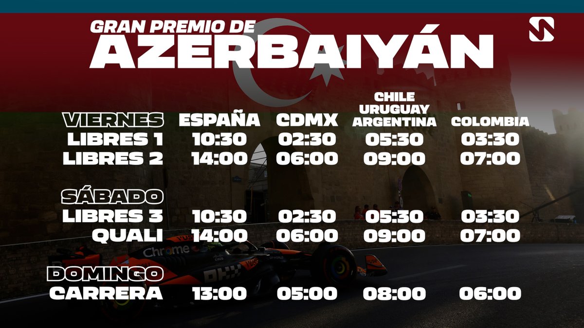 🏁 H O R A R I O S 🏁

Vuelve la Fórmula 1 y lo hace con una de sus citas más caóticas: el estrecho circuito de Bakú, Gran Premio de Azerbaiyán 🇦🇿.

Comparte los horarios, salva una vida.