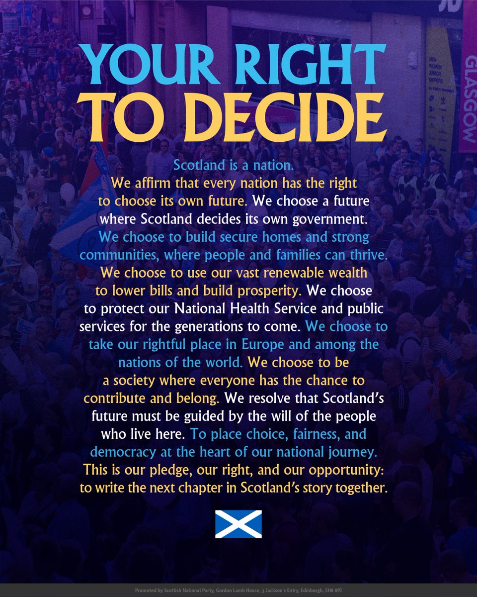 theSNP's tweet photo. Scotland is a nation - and every nation has the right to choose its own future. 

Our pledge is simple: choice, fairness and democracy must guide Scotland’s path. 

Sign the declaration at https://t.co/gG5xwmPpxJ https://t.co/veyKBThb1b
