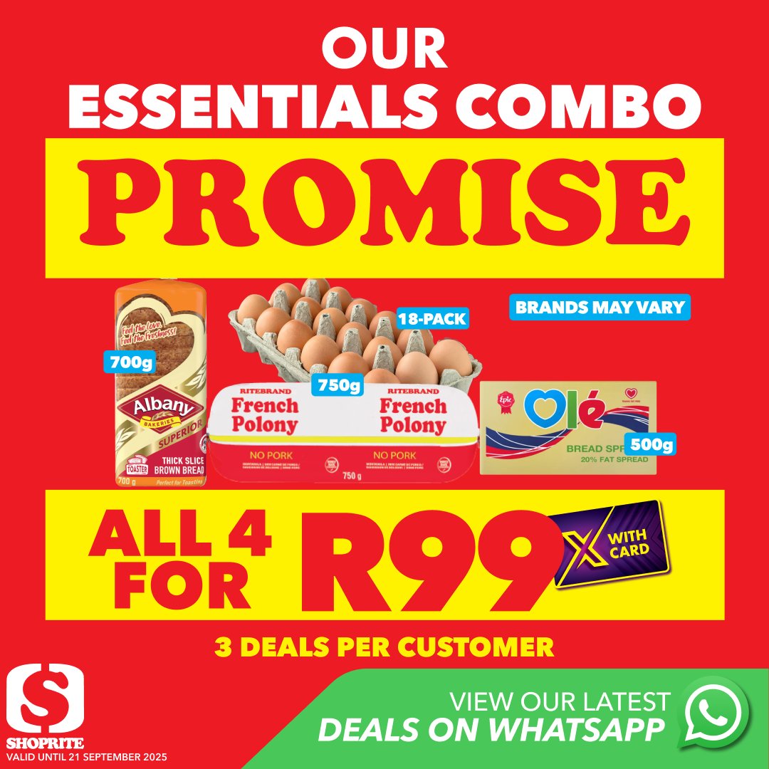 Shoprite_SA's tweet photo. Save more with our Essentials Combo! 💛 Get the latest sent deals straight to your phone 📲 Valid until 21 21 September 2025. View more deals: https://t.co/DfsalWmrMl #ShopriteSA #ShopritePromise https://t.co/fwE2iOzTOY