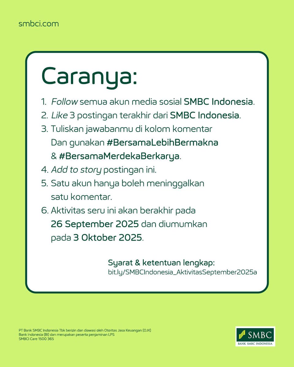 Tebak kata, menangkan hadiahnya!

Susun huruf acak di atas jadi kata yang benar dan dapetin kesempatan buat menangin e-wallet total Rp2.000.000 untuk 10 pemenang. Gampang banget, tinggal ikuti langkah-langkahnya dan jangan lupa kasih jawabanmu di kolom komentar.

Semoga