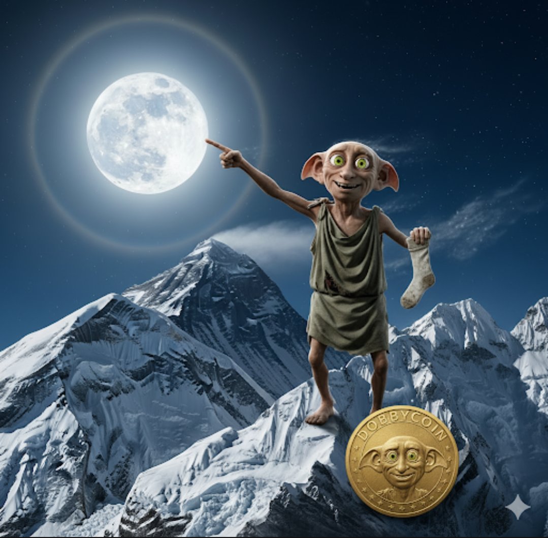 Grampa1950's tweet photo. Dobby's ultimate freedom journey! On top of Mount Everest, pointing to the moon with his sock of liberty and a gleaming #DobbyCoin. This is what true freedom and potential looks like! ๐๐ @Dobby_Coin #Dobbymemecontest #InsocksweTrust https://t.co/oc6vn77IEs