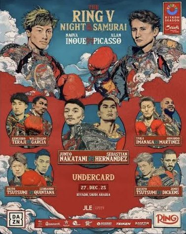 lUYn6kveN798493's tweet image. 井上尚弥次戦決定
井上尚弥、中谷潤人が共演！！
１２月２７日
ナイト・オブ・ザ・サムライ
日本とメキシコの世界王者クラスが対抗戦

井上尚弥ＶＳアラン・ピカソ

中谷潤人ＶＳセバスチャン・エルナンデス(もと井上尚弥のスパーリング相手)

拳四朗は3階級制覇に挑戦…