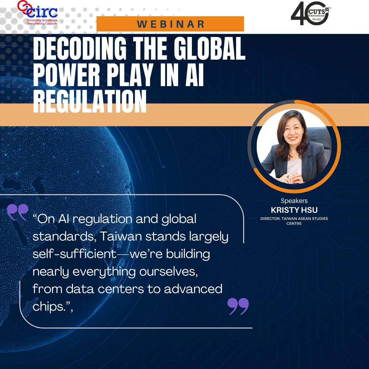 CIRC (@cutsinstitute) on Twitter photo 📢Live Now!
<a href="/CUTSInstitute/">CIRC</a>  & <a href="/CUTSGlobal/">CUTS Global Affairs</a> Webinar: Decoding the Global Power Play in AI Regulation  
      
📷Speakers : Kristy Hsu, Director, Taiwan ASEAN Studies Centre 📢Live Now!
<a href="/CUTSInstitute/">CIRC</a>  & <a href="/CUTSGlobal/">CUTS Global Affairs</a> Webinar: Decoding the Global Power Play in AI Regulation  
      
📷Speakers : Kristy Hsu, Director, Taiwan ASEAN Studies Centre