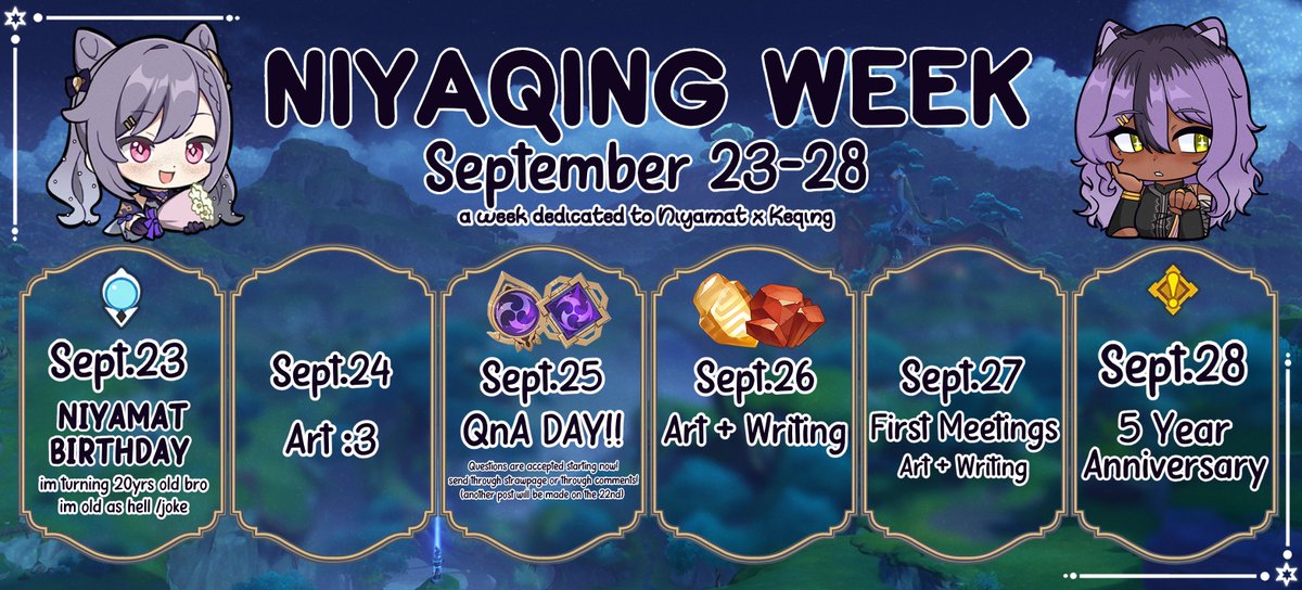 xiaomaiaamir's tweet image. ୨୧ Announcing Niyaqing Week *･ﾟ
  ─ September 23 - 28 2025 ─ .✦
   ♡ #niyaqing ⟢ #yumetwt ^..^