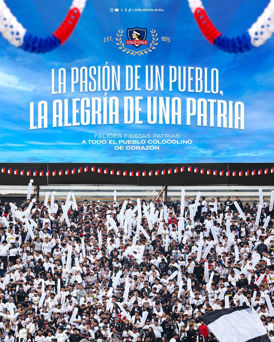“Brindo fuerte este 18
con guitarra y tradición,
porque Colo-Colo es Chile,
y Chile es puro corazón”.

Felices Fiestas Patrias a todo el pueblo colocolino 🇨🇱🤍🖤

#𝑉𝑎𝑚𝑜𝑠𝐶𝑜𝑙𝑜𝐶𝑜𝑙𝑜 • #𝐶𝑒𝑛𝑡𝑒𝑛𝑎𝑟100