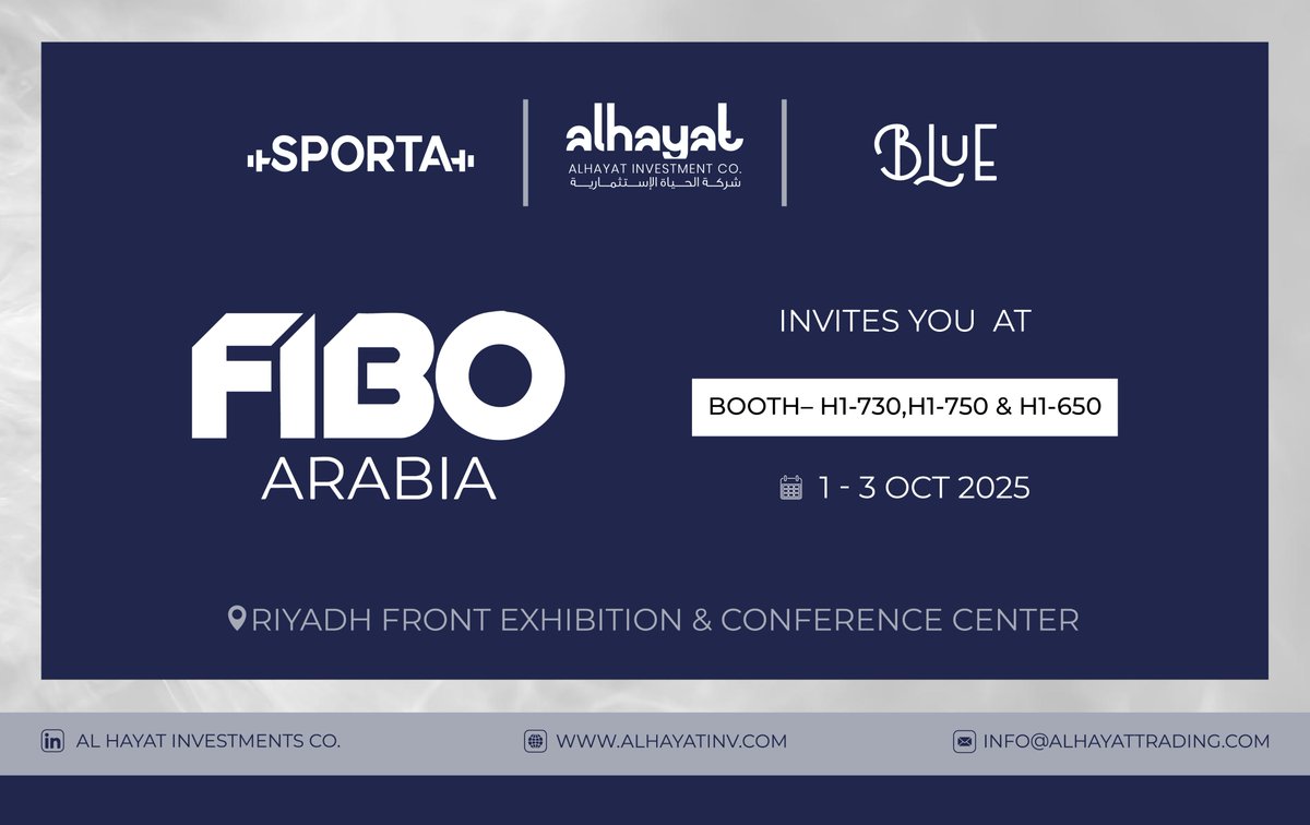 الحياة الاستثمارية، سبورتا وبلو يشاركون في #FIBOArabia 2025!

📍 واجهة الرياض | 📅 1–3 أكتوبر

📌 بوثاتنا: H1-730 / H1-750 / H1-650

نوفر كل ما تحتاجه المراكز الرياضية من تجهيزات للياقة والعافية.

#AlHayatInvestment #Sporta #BlueWellness #Fitness #Wellness #Riyadh #FIBOArabia