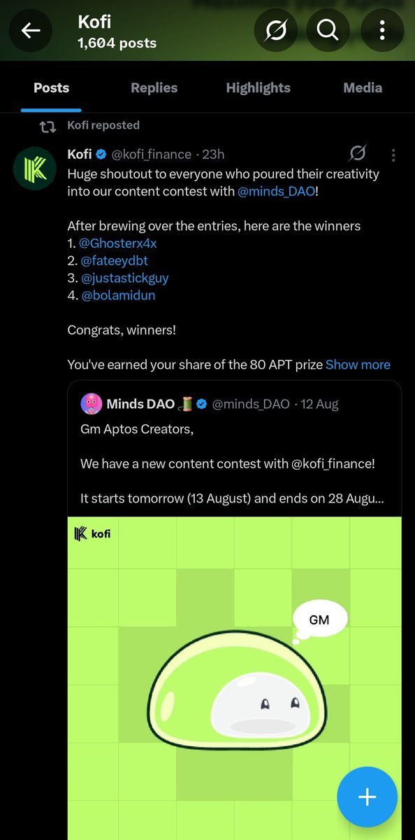 Fateeydbt's tweet photo. I am very happy to be among the 33 participants in the Minds Dao x Kofi Finance content creators contest and to take 2nd place. This shows the value of hard work.

Big thanks to @minds_DAO for creating such campaigns as @kofi_finance, a DeFi platform driving real innovation @0xwagmitt. ☕️️
 For his leadership, @Zamani_Aptos, for the support, and @Aptos blockchain for always empowering the community.

I am also very grateful to everyone who supported me and celebrated with me.