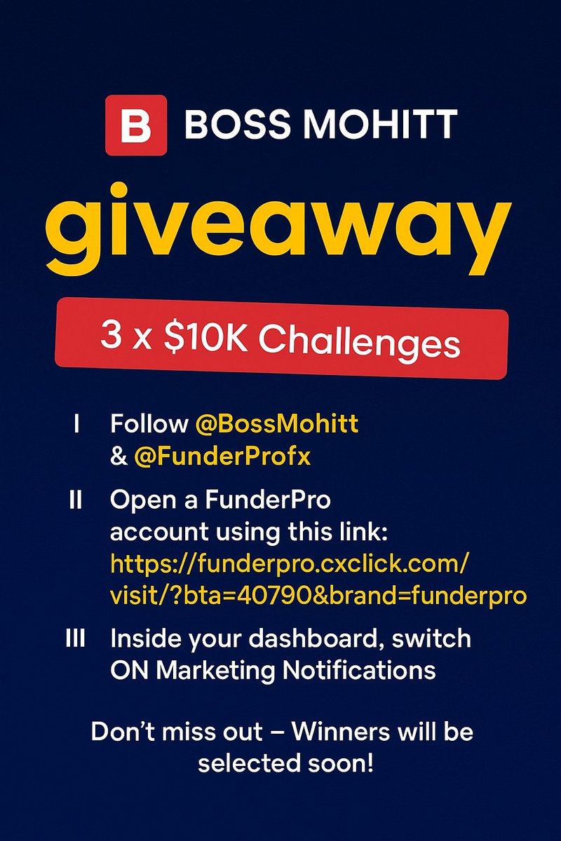 BossMohitt's tweet image. I’ve secured 12% in payouts from one $10K funded account with @FunderProfx ⚡️🚀

Now it’s YOUR turn! ✊
I’m giving away 3 × $10K @FunderProfx Challenges to my community 

How to enter:
‣ Follow @BossMohitt &amp;amp; @FunderProfx 
‣ Open a FunderPro account using this link:
👉…