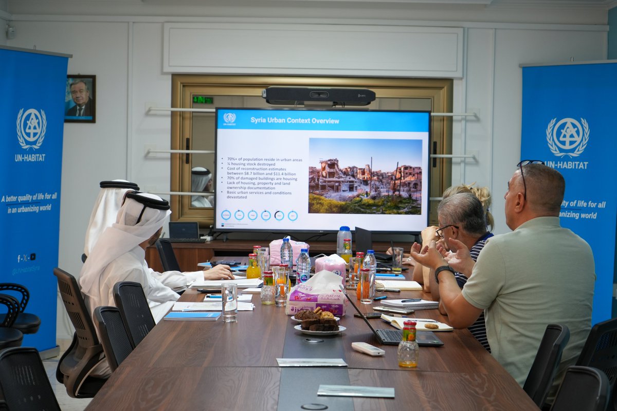 UNHabitatSyria's tweet image. Earlier this month, Ms. Felicity Cain, Country Director (OiC) of UN-Habitat Syria, welcomed Mr. Yousef Al-Mulla, Manager of the Humanitarian Aid Department at the @qatar_fund  in Damascus to discuss the advancement of Syria’s urban recovery and sustainable reconstruction.…
