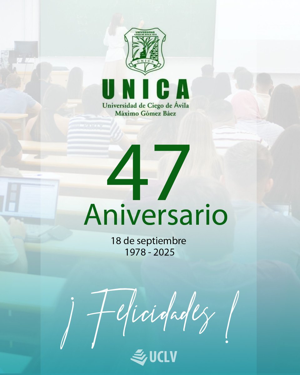 🎉 Desde la UCLV, celebramos los 47 años de la <a href="/UNICACu/">Universidad de Ciego de Ávila</a>. Gracias a sus docentes, estudiantes, trabajadores y egresados por construir día a día una universidad conectada con las necesidades del país.¡Felicidades, <a href="/UNICACu/">Universidad de Ciego de Ávila</a> ! Que sigan creciendo los saberes!
#UniversidadCubana