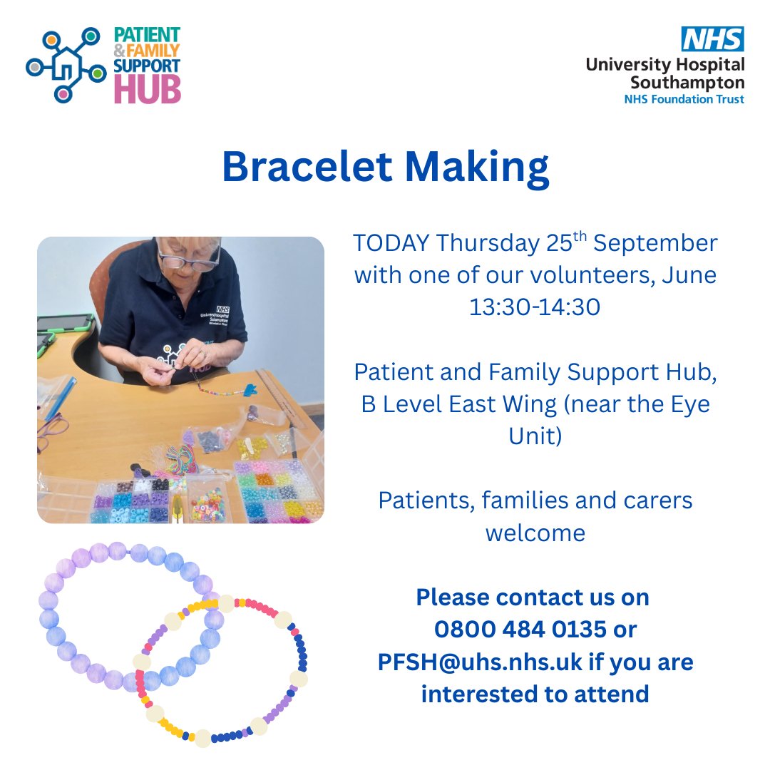 One of our lovely volunteers, June, is back with another bracelet making session in the Patient and Family Support Hub today! Please see below for details ❤👇: