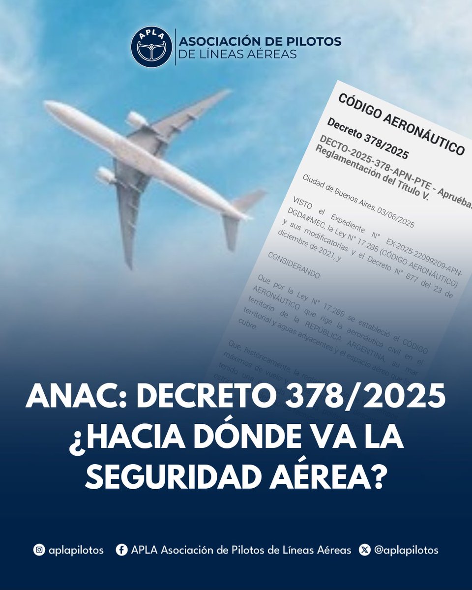 📢 𝗔𝗡𝗔𝗖: 𝗗𝗲𝗰𝗿𝗲𝘁𝗼 𝟯𝟳𝟴/𝟮𝟬𝟮𝟱 ¿𝗛𝗮𝗰𝗶𝗮 𝗱𝗼́𝗻𝗱𝗲 𝘃𝗮 𝗹𝗮 𝘀𝗲𝗴𝘂𝗿𝗶𝗱𝗮𝗱 𝗮𝗲́𝗿𝗲𝗮?

Informamos que, al día de hoy, la Administración Nacional de Aviación Civil (ANAC) no nos ha convocado para discutir ni abordar el contenido del decreto 378/2025.

Tal