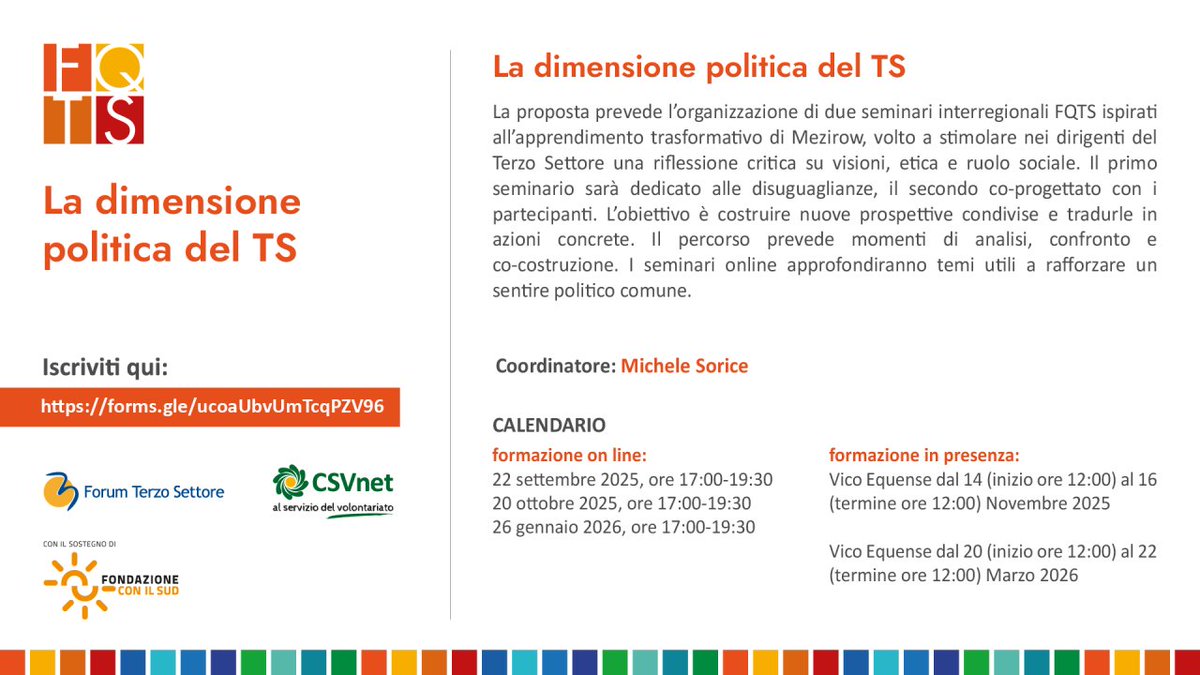 📢 Il 22/09 alle 17:00 parte il primo seminario #FQTS sul tema delle disuguaglianze, ispirato all’apprendimento trasformativo di Mezirow.

Un percorso per dirigenti del #TerzoSettore per riflettere e costruire nuove azioni comuni.

➡️ Non mancare!
#formazionecontinua #nonprofit