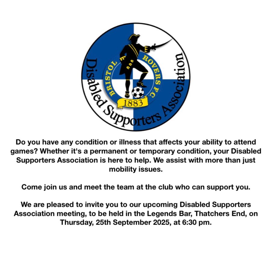 BRFCDSA's tweet photo. @bbcbristolsport Can you give this a shout out👍 Disabled Supporters Meeting at the Mem on 25th 6.30 in Legends Bar Thatchers End https://t.co/K98X4wHlFc