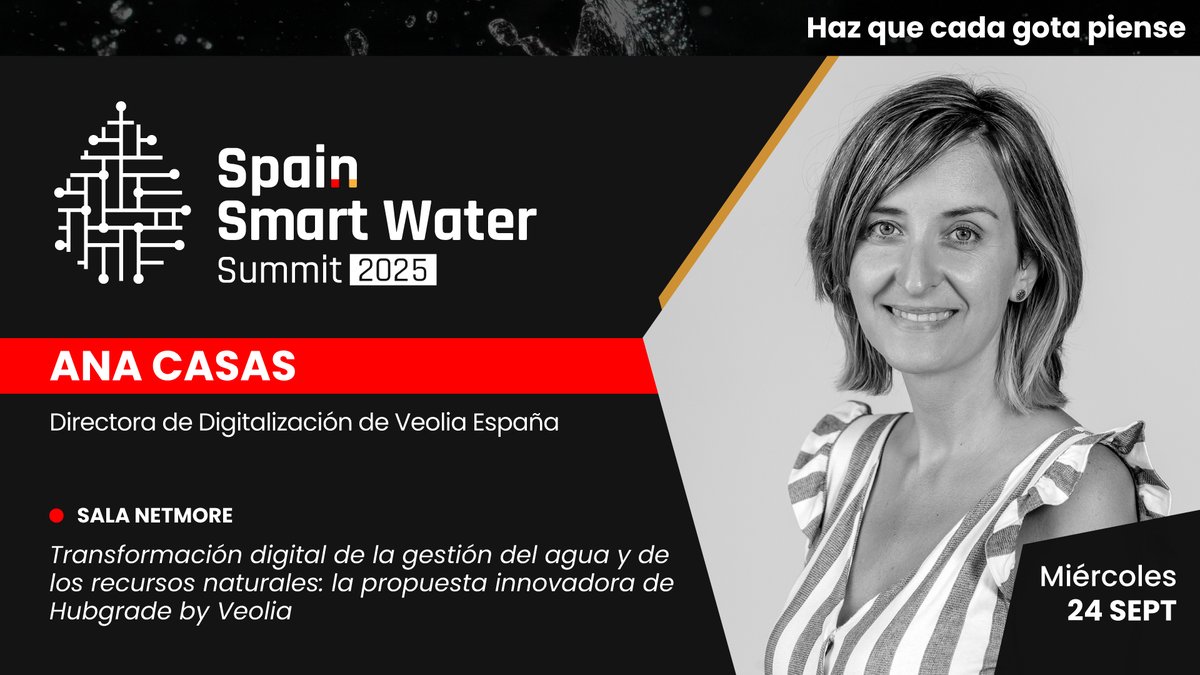 Ponente confirmada en #SSWS2025

👤 Ana Casas — Directora de Digitalización en <a href="/Veolia_Es/">Veolia España</a> 
🗓️ 24 sept | 📍 Sala Netmore
💬 Digitalización y sostenibilidad: Hubgrade by Veolia para la gestión del agua y de los recursos
👉 iagua.es/spain-smart-wa…

#HazQueCadaGotaPiense #SmartWater