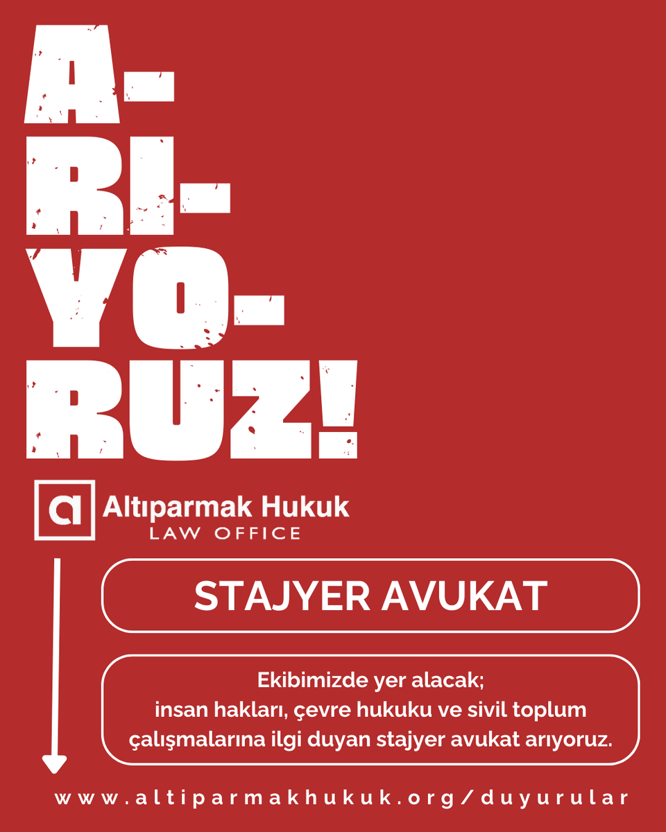 Yasal avukatlık stajı kapsamında insan hakları, çevre hukuku ve sivil toplum alanında bilgi ve deneyim kazanmak isteyen stajyer avukat meslektaşlarımıza staj imkanı sunuyor, bu doğrultuda yapılacak başvuruları heyecanla bekliyoruz. altiparmakhukuk.org/duyurular