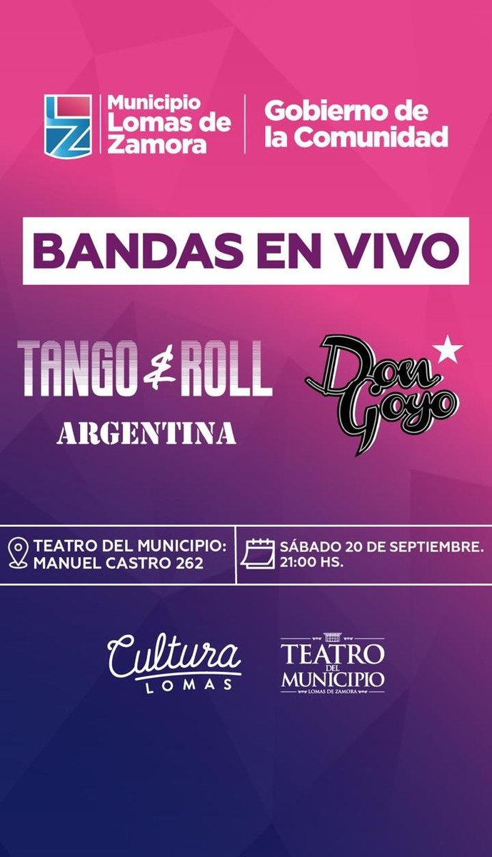 Nos vemos este sábado a las 21hs abrimos el show de TANGO&amp;ROLL en el Teatro del Municipio de Lomas de Zamora. La entrada es libre y gratuita reserva en el link que dejamos acá abajo👇
lomasdezamora.gov.ar/iframe/teatroc…