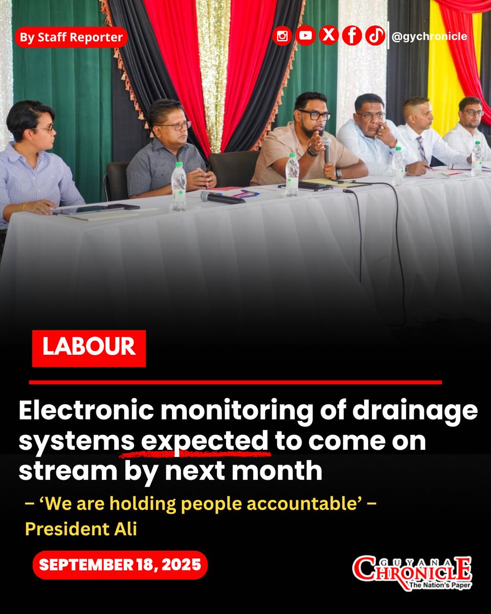 Guyana Chronicle (@gychronicle) on Twitter photo PRESIDENT Dr Irfaan Ali has directed the leadership of the  to ensure that every pump and sluice is brought online and connected directly to a single electronic platform within one month.
READ HERE ➡️ guyanachronicle.com/2025/09/18/ele…
#Guyana #News #GuyanaChronicle #Trending PRESIDENT Dr Irfaan Ali has directed the leadership of the  to ensure that every pump and sluice is brought online and connected directly to a single electronic platform within one month.
READ HERE ➡️ guyanachronicle.com/2025/09/18/ele…
#Guyana #News #GuyanaChronicle #Trending