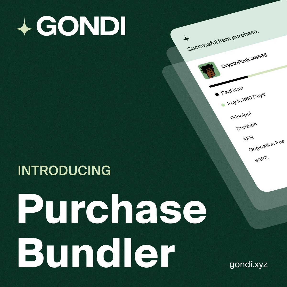 gondixyz's tweet image. Introducing GONDI’s Purchase Bundler:

▫️ Buy NFTs listed from OpenSea, Punks Marketplace, and GONDI — directly through GONDI without needing the full amount.

▫️ Easily bundle your wallet liquidity with loan offers on GONDI — no sudden term changes, no surprises.

▫️ Fully…