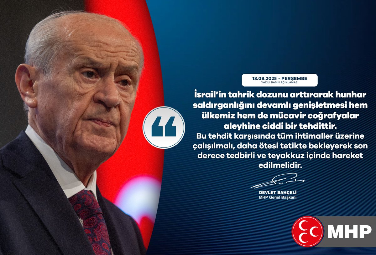 İsrail’in tahrik dozunu arttırarak hunhar saldırganlığını devamlı genişletmesi hem ülkemiz hem de mücavir coğrafyalar aleyhine ciddi bir tehdittir.
Bu tehdit karşısında tüm ihtimaller üzerine çalışılmalı, daha ötesi tetikte bekleyerek son derece tedbirli ve teyakkuz içinde