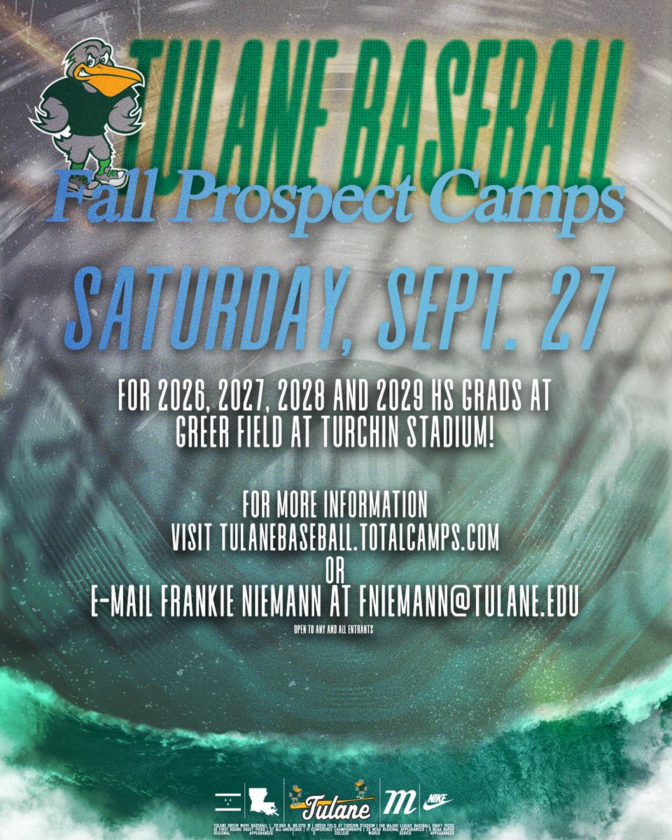 Our next 𝙁𝙖𝙡𝙡 𝙋𝙧𝙤𝙨𝙥𝙚𝙘𝙩 𝘾𝙖𝙢𝙥 is right around the corner! High schoolers, don't miss the chance to come showcase your abilities at #GFATS next Saturday, Sept. 27!

Register Here: bit.ly/TulaneBSBCamps

#RollWave 🌊⚾️ | #FutureWave