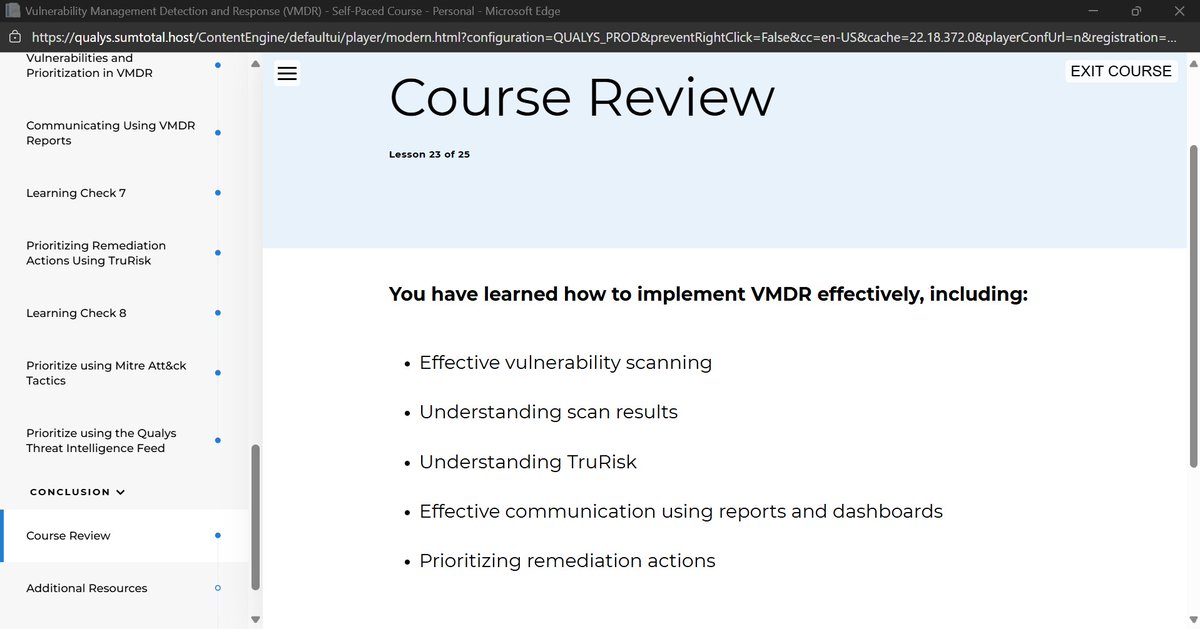 theitgirliee's tweet image. Day 89💃
I finished the Qualys&apos; Vulnerability Management Detection and Response (VMDR): {Asset Management, Vulnerability Management, Threat Protection, and Patch Management}. It wasn&apos;t the most interesting course I&apos;ve taken but no knowledge is lost😭
#100DaysOfCyberSecurity