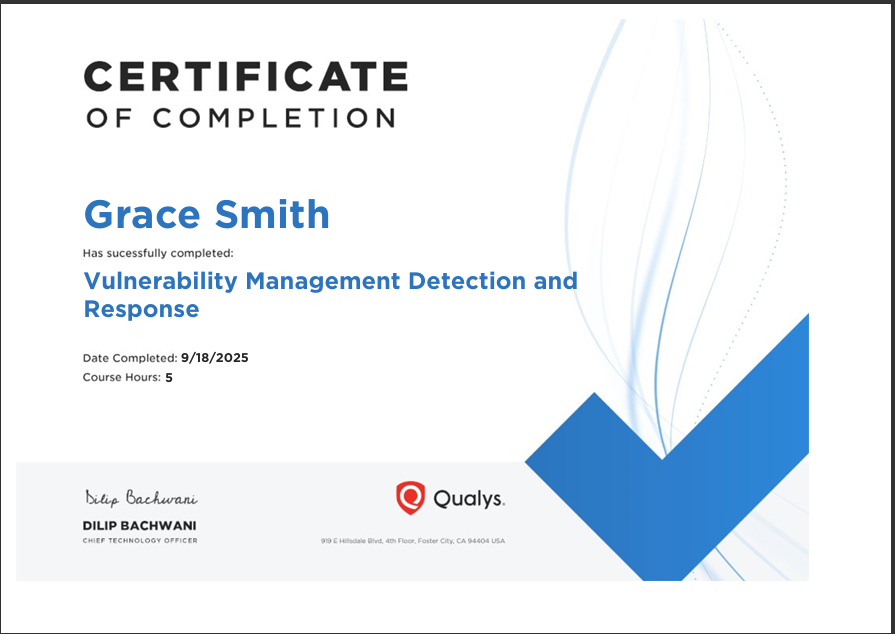 theitgirliee's tweet image. Day 89💃
I finished the Qualys&apos; Vulnerability Management Detection and Response (VMDR): {Asset Management, Vulnerability Management, Threat Protection, and Patch Management}. It wasn&apos;t the most interesting course I&apos;ve taken but no knowledge is lost😭
#100DaysOfCyberSecurity