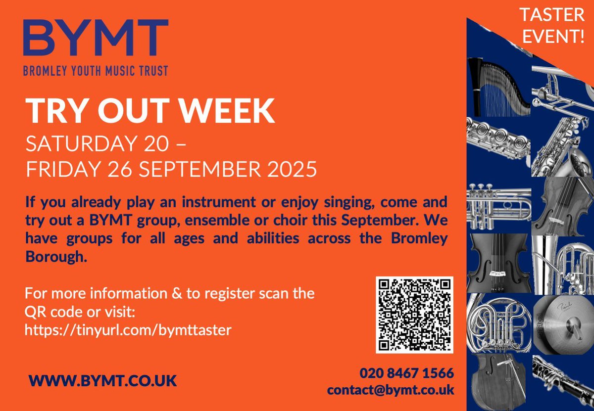 TRY OUT WEEK TASTER SESSIONS: If you already play an instrument or enjoy singing, come and try out a BYMT group, ensemble or choir this September. We have groups for all ages &amp; abilities across the Borough. To register for a taster session, please visit buff.ly/Dx2kZKy
