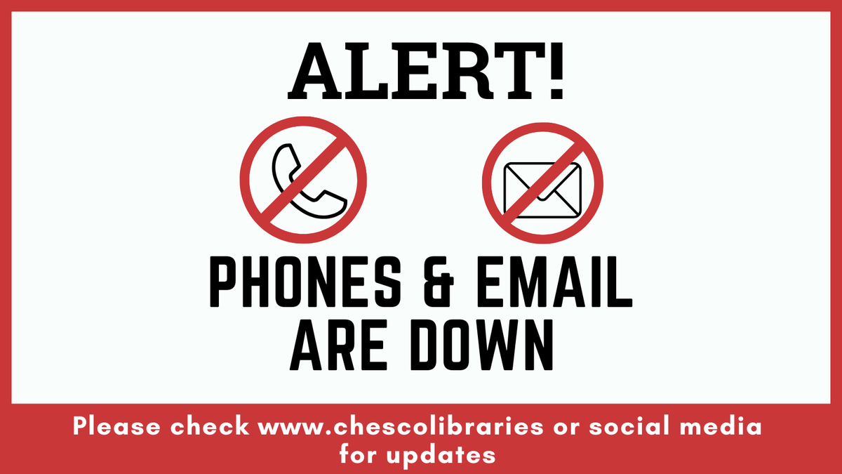 📷(UPDATE, Thurs. 9/18): Network issues continue to affect phone &amp; email at Chester County Library (Exton) and the Henrietta Hankin Branch (Chester Springs). Check chescolibraries.org or social media for updates. Thanks for your patience!