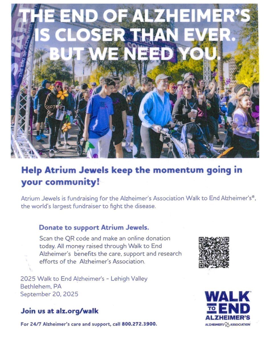 atriumallentown's tweet image. 💎 Atrium Jewels is walking with purpose—just 2 days to go! 💎

On September 20, 2025, we’ll join the Alzheimer’s Association Walk to End Alzheimer’s® in Bethlehem, PA—the world’s largest fundraiser to fight this disease.

There’s still time to make a difference! 

#WalkToEndAlz