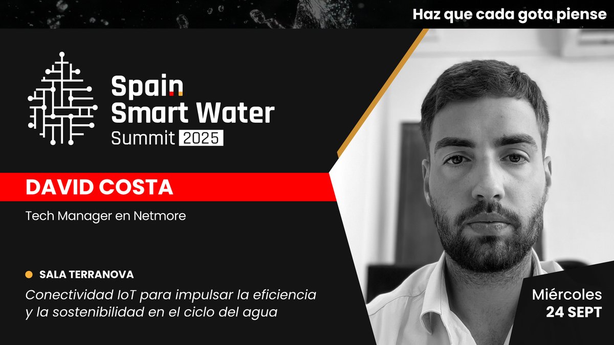 Ponente confirmado en #SSWS2025

👤 David Costa — Tech Manager en <a href="/netmore_ab/">Netmore</a> 
🗓️ 24 sept | 📍 Sala Terranova
💬 Conectividad IoT para impulsar la eficiencia y la sostenibilidad en el ciclo del agua
👉 iagua.es/spain-smart-wa…

#HazQueCadaGotaPiense