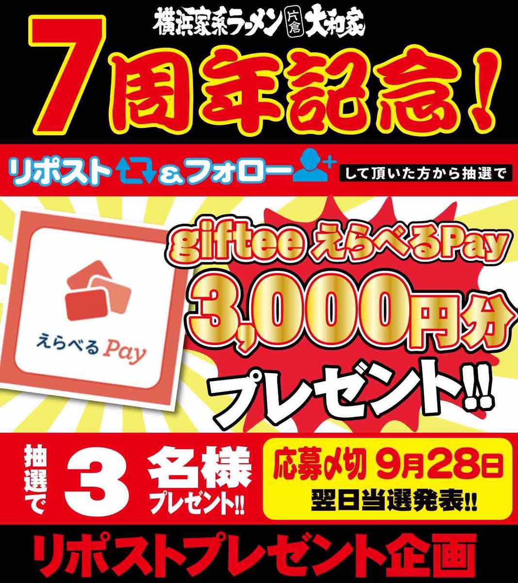 kataku_yamatoya's tweet photo. ㊗️7周年祭記念㊗️

／
抽選で3名様に
#giftee
#えらべるPay 　3,000円分
プレゼント🎁
＼

🔻応募方法🔻
@kataku_yamatoya
をフォロー
この投稿をリポスト🔁

9/28まで🔚全国発送🉑

＃家系
＃キャンペーン https://t.co/cdpGUz6C9J