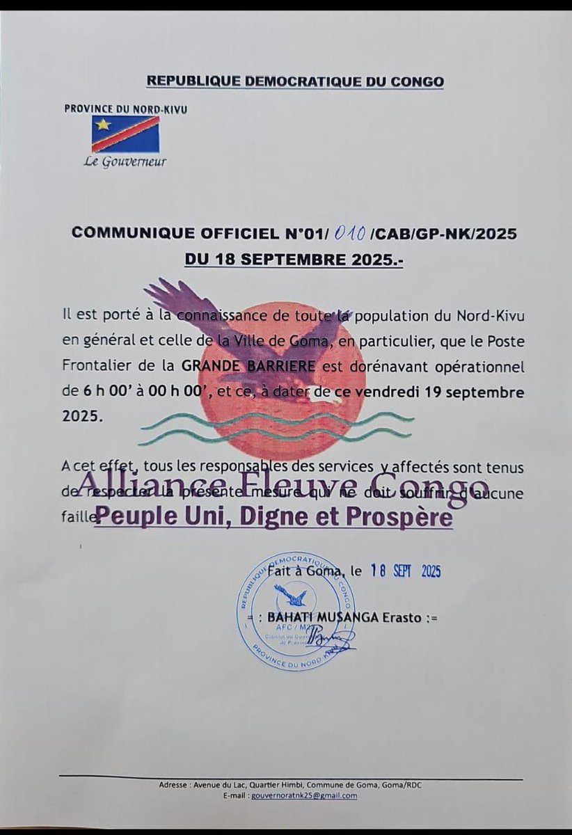 La #Grande_Barrière frontière #RDC_Rwanda de 06h à 00h dans la zone sous AFC M23.
 (Communiqué).