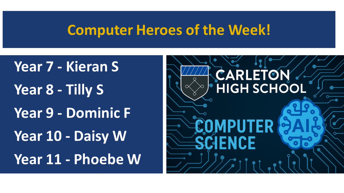 PATCarletonHigh's tweet image. Mr Todd would like to give a shout out to last week&apos;s computing heroes! Well done everyone!
#comupterheroes #CHSComputerScience