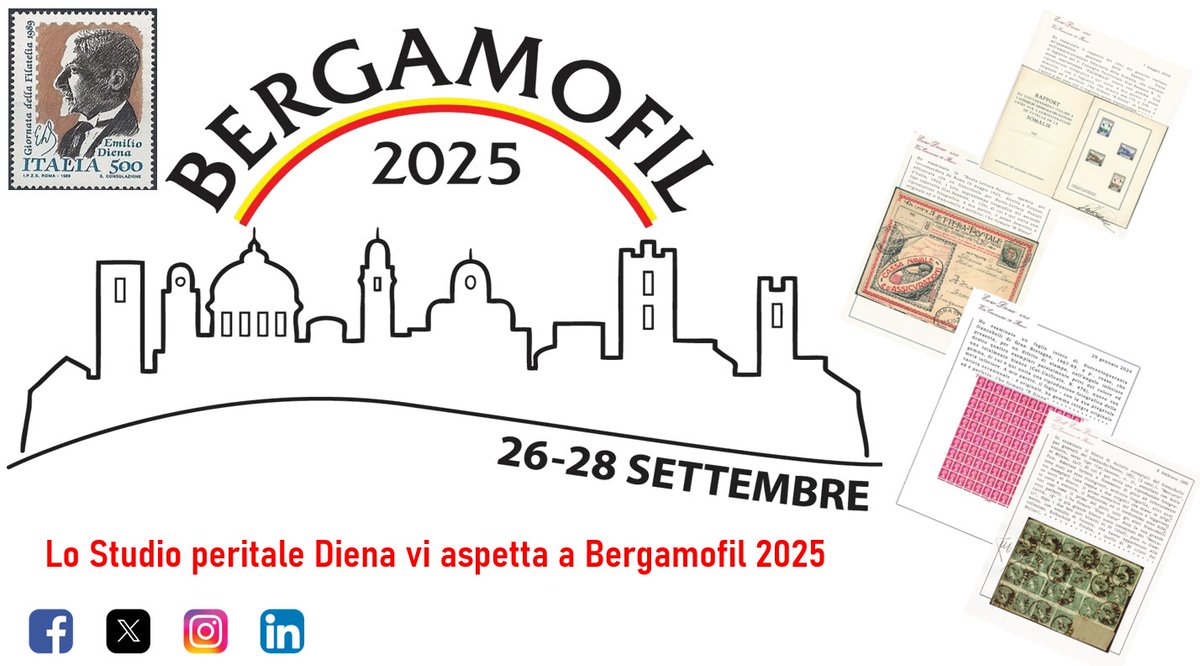EnzoDienasrl's tweet photo. Lo Studio #Diena sarà presente a #BERGAMOFIL 2025
https://t.co/x5YYHFU3Y9
#stamp #sello #timbre #briefmarken #italy #filatelia #philatelie #philately #francobollo #filatelico #philatelic #philatelist #collector #collecting #expertize #perizie #perizia #certificato #enzodiena https://t.co/6YgPRaoNb0