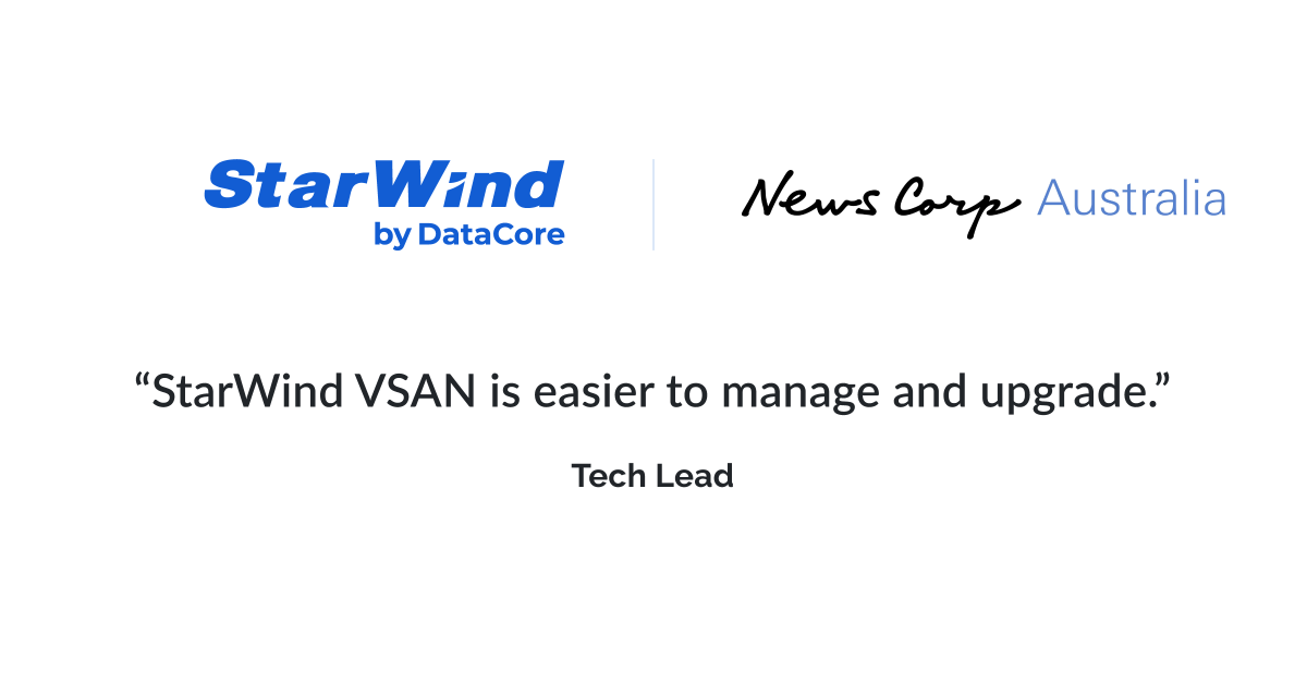 StarWind Success Story: News Corp Australia, a major media organization, achieves improved operational efficiency and reduces IT overhead by simplifying storage management with StarWind Virtual SAN (VSAN).

Read more here: starwind.com/s/wr

#StarWind_success_story