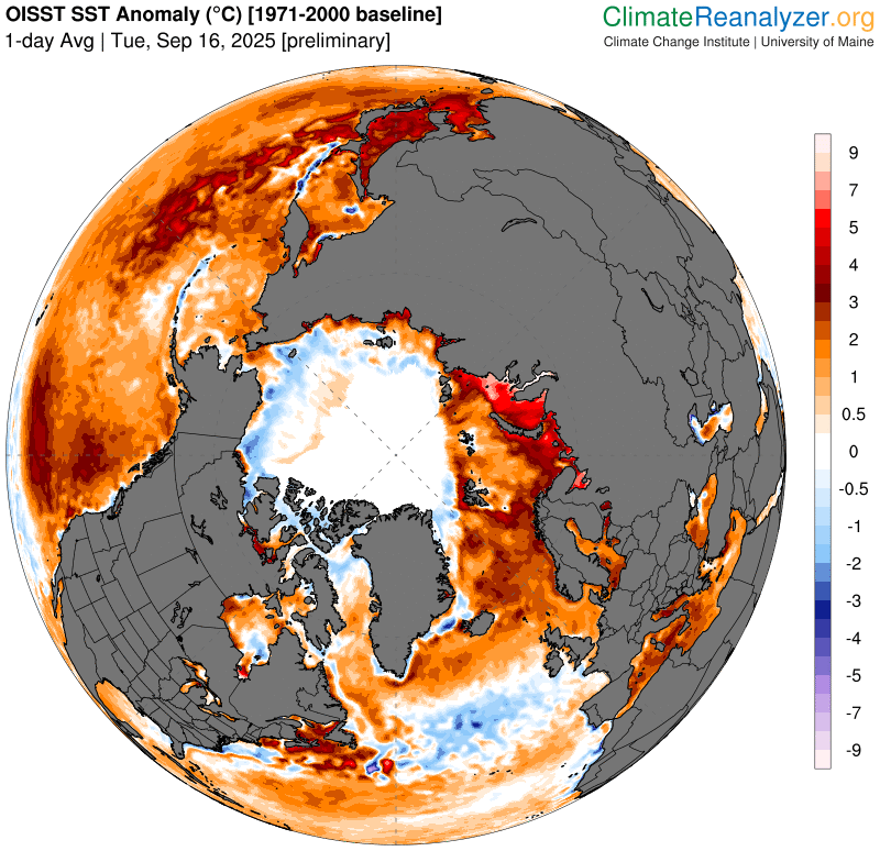 Sea-surface temps are running a fever across most of northern oceans. Not a good look going into fall. Above-normal SSTs mean 1) more evaporation =&gt; heavier precipitation, 2) warmer air, 3) slow sea-ice growth, and 4) unusual weather patterns. Buckle up!