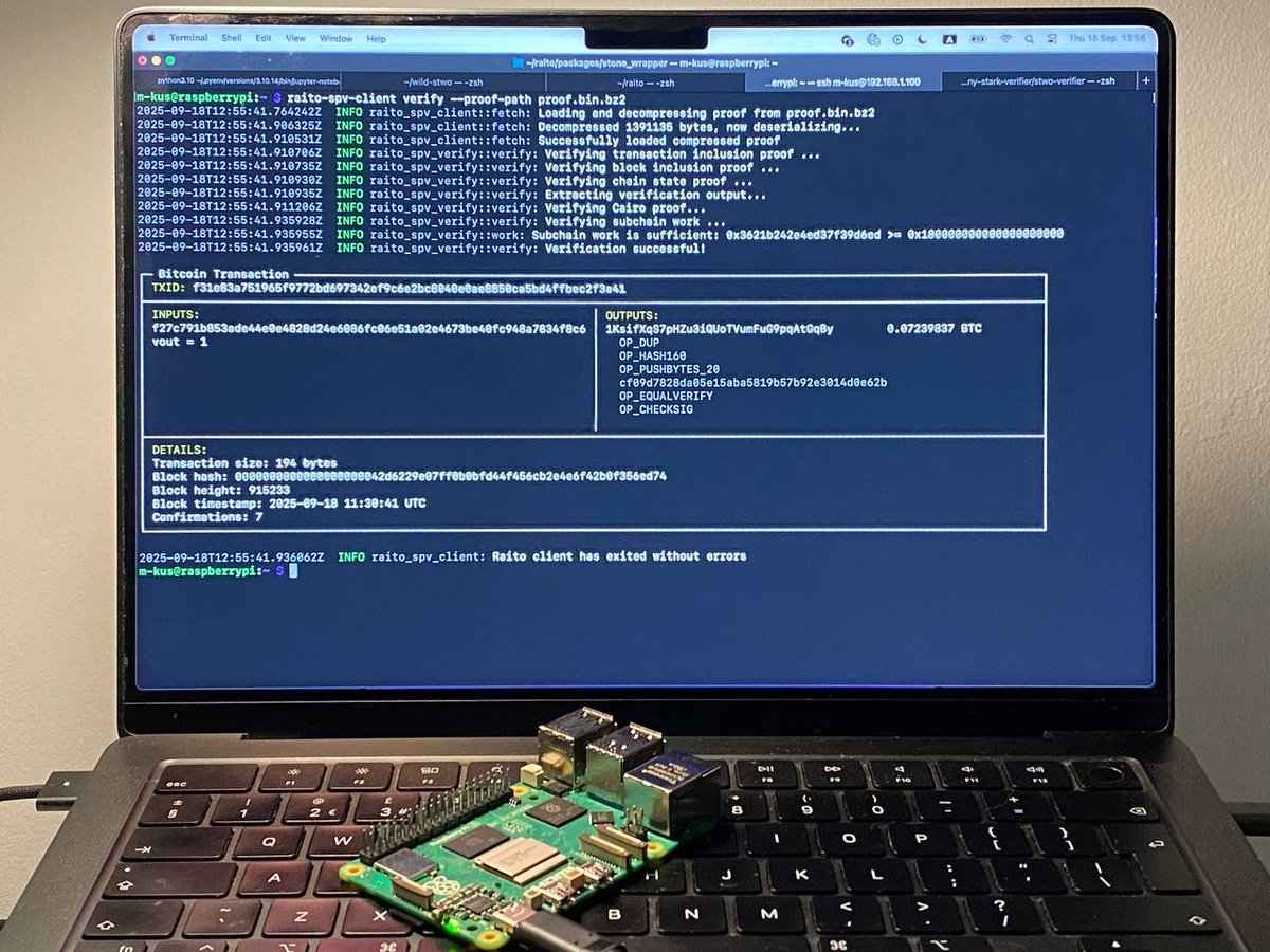 dimahledba's tweet image. Verifying bitcoin,
with a STARK proof,
on a Rasbperry Pi,
in 25 milliseconds,
the whole mainnet header chain,
16 years of history.