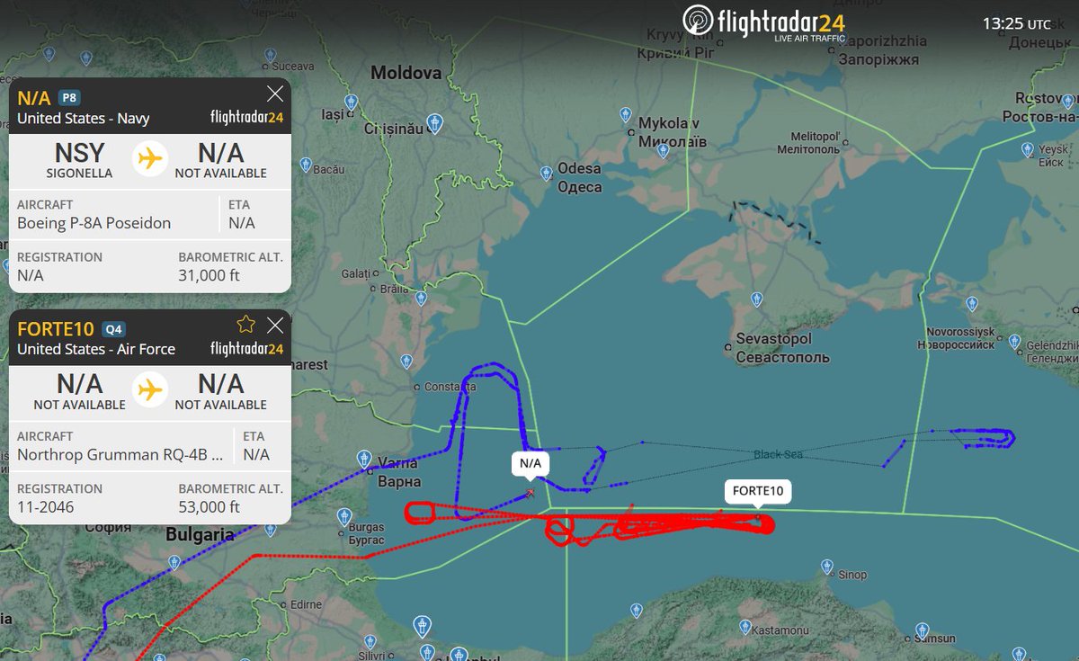 vcdgf555's tweet photo. Black Sea watch.
๐บ๐ธ FORTE10 is US Air Force RQ-4B ISR UAV 11-2046 #AE5421
๐บ๐ธ US Navy P-8A Poseidon ISR/MPA using hex code #AE686F https://t.co/F2acduy9xT