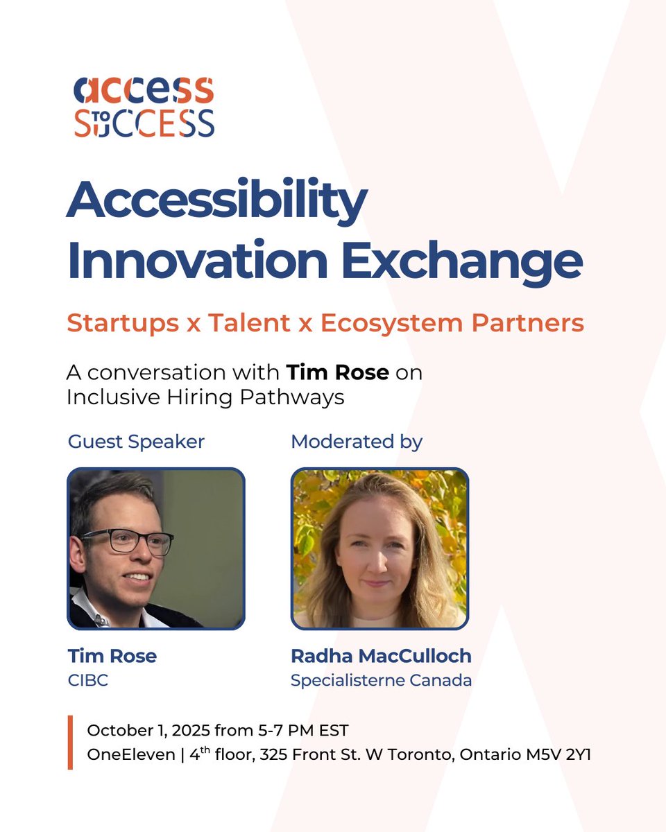 Oct 1 marks the start of #NDEAM! Join us at the Accessibility Innovation Exchange for a panel on Inclusive Hiring Pathways with Tim Rose (CIBC) &amp; Radha MacCulloch (Specialisterne Canada). Also joining us, Canada's leading accessibility innovation orgs. 

events.humanitix.com/accessibility-…