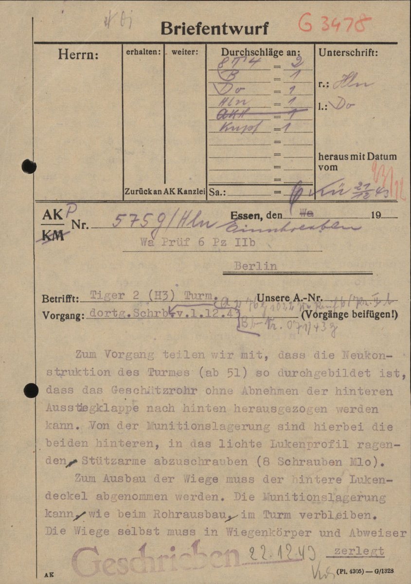 Tiger 2 (H3)の51号車以降の新設計砲塔では後部ハッチカバーを取り外さなくとも砲身を後方を引き出せる、とのKruppのお手紙
ただしN10ネジ8本で固定されている弾薬庫の後部支持アームを取り外す必要がある