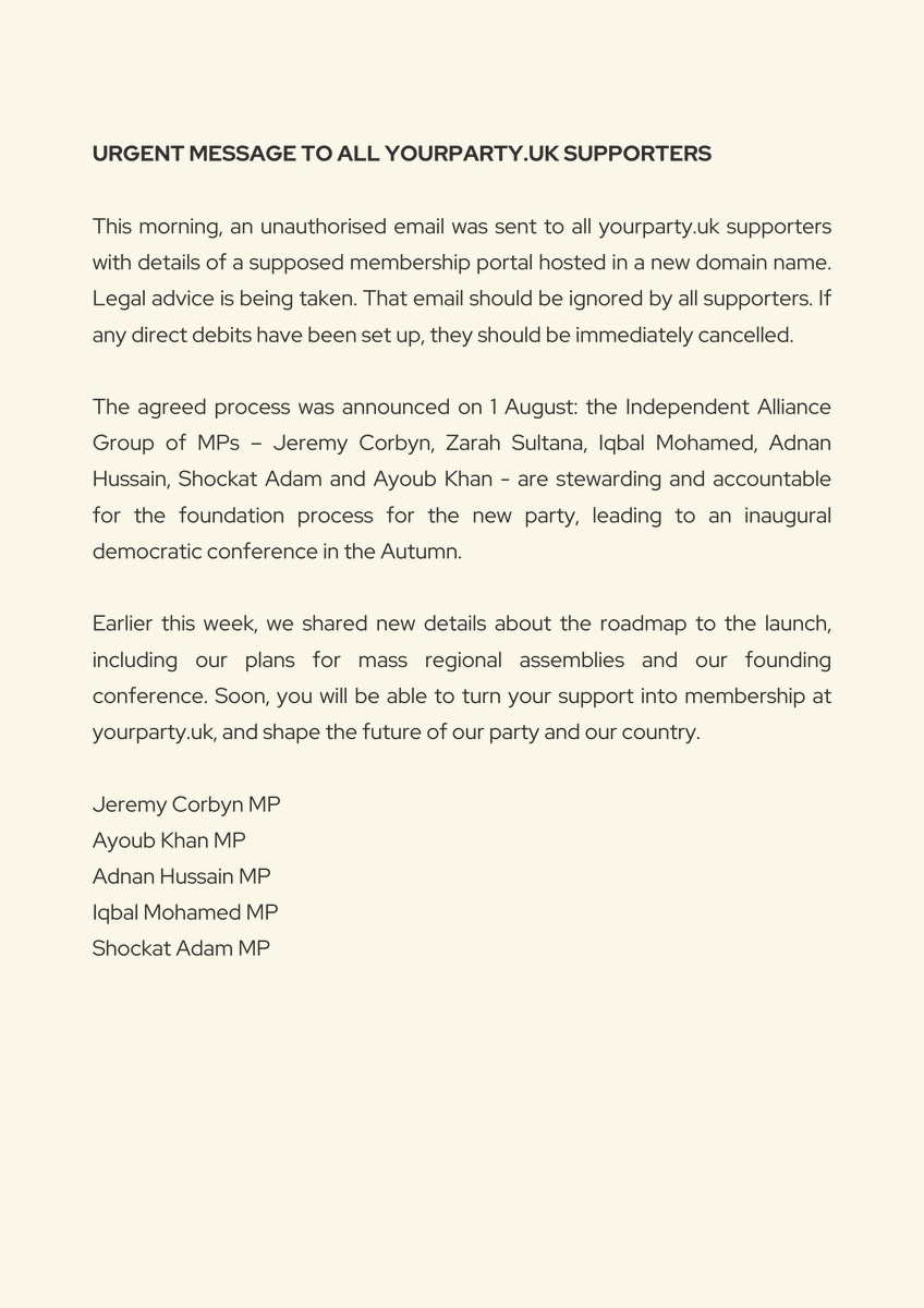 PolitlcsUK's tweet photo. 🚨 UPDATE: Zarah Sultana appears to have been kicked out of "Your Party" as Jeremy Corbyn urges supporters not to sign up for a membership on a link promoted by her https://t.co/kbgrXNnOx3