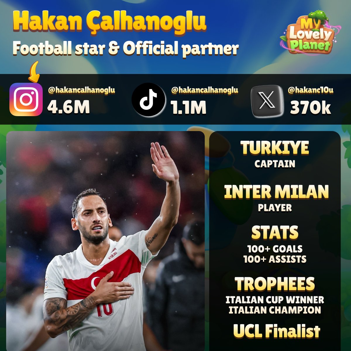 💚LOVELY FAMILY💚

We're so excited to share a GAME CHANGING news.

Inter Milan superstar and captain of the Turkish national football team Hakan Çalhanoğlu is partnering with MY LOVELY PLANET, joining our team, and also joining OUR GAME!🚀🔥

Together, we launch the