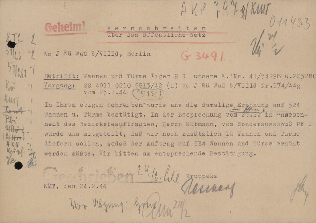 1944年1月25日の注文書類だと車体と砲塔の発注数が524に増加したことが確認されたが、2月23日の会議ではさらに10個ずつ増加して534になると通知されたが、この点についての確認を要請する書類