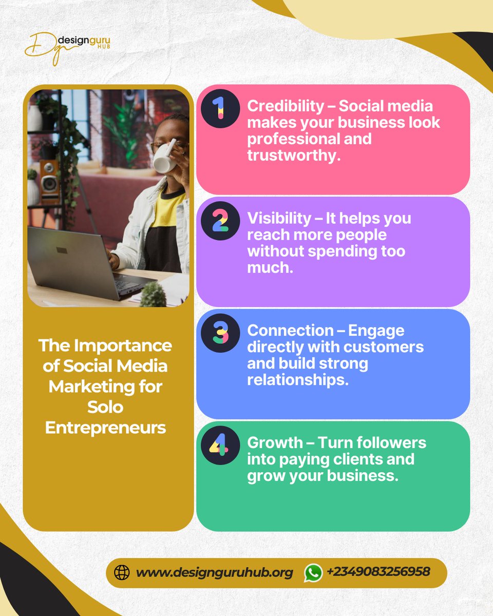 designguruhub's tweet photo. Solo entrepreneur? 🚀
You need social media to:
✔ Build credibility
✔ Increase visibility
✔ Connect with customers
✔ Drive growth
#SocialMediaMarketing #SoloEntrepreneur #BusinessGrowth https://t.co/5DRHPZ4n3Y