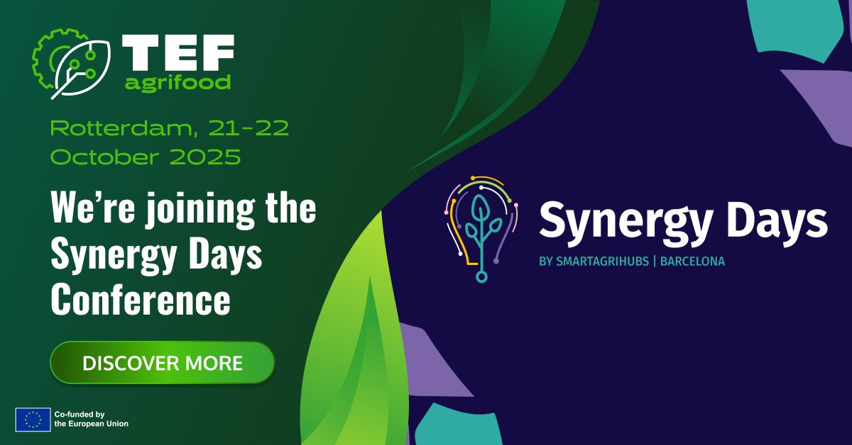 AgrifoodTEF (@agrifoodtef) on Twitter photo 🚜 Following our participation from last year, we are glad to announce that agrifoodTEF will be present at the 2025 edition of the #SynergyDays, organised by
<a href="/SmartAgriHubs/">SmartAgriHubs</a>!
👉 The Synergy Days is one of the most important conference connecting the digital innovators of the 🚜 Following our participation from last year, we are glad to announce that agrifoodTEF will be present at the 2025 edition of the #SynergyDays, organised by
<a href="/SmartAgriHubs/">SmartAgriHubs</a>!
👉 The Synergy Days is one of the most important conference connecting the digital innovators of the
