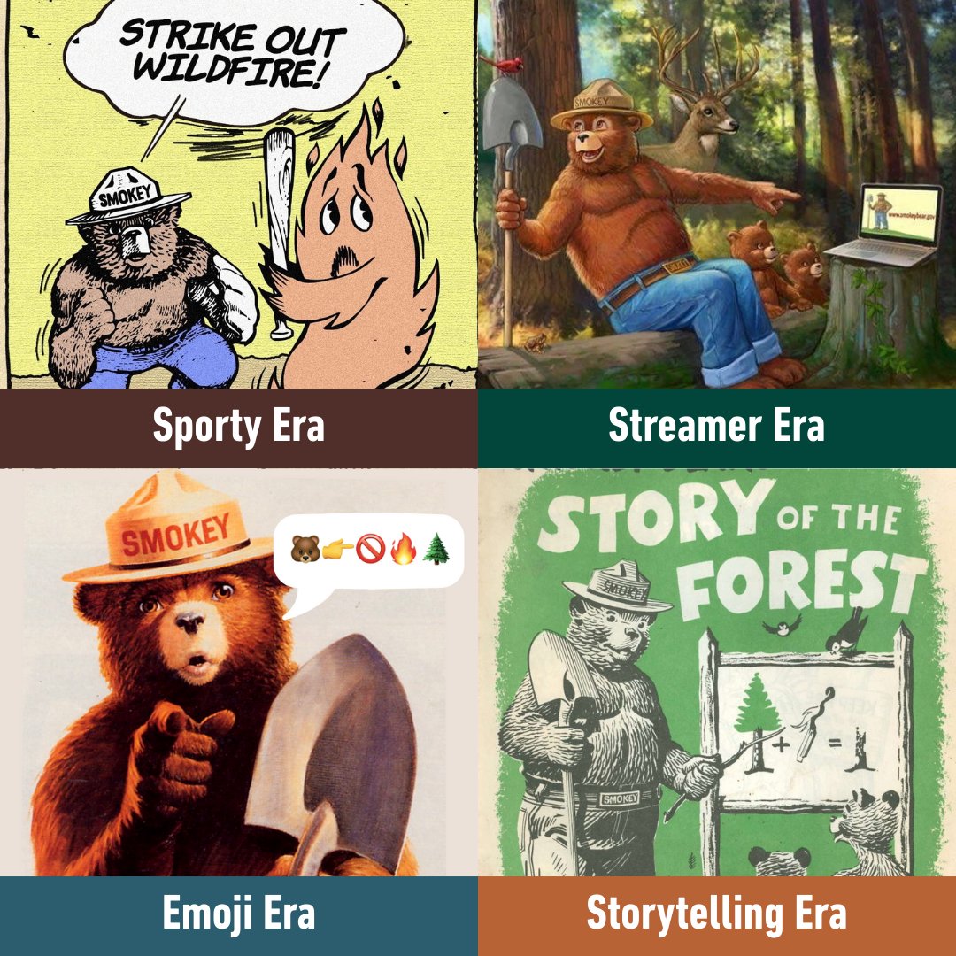 smokey_bear's tweet photo. I've shown up in lots of ways over the years, but the message has always stayed the same: #OnlyYou can prevent wildfires.

Which of my eras is your favorite? https://t.co/AgRTIaoJXq