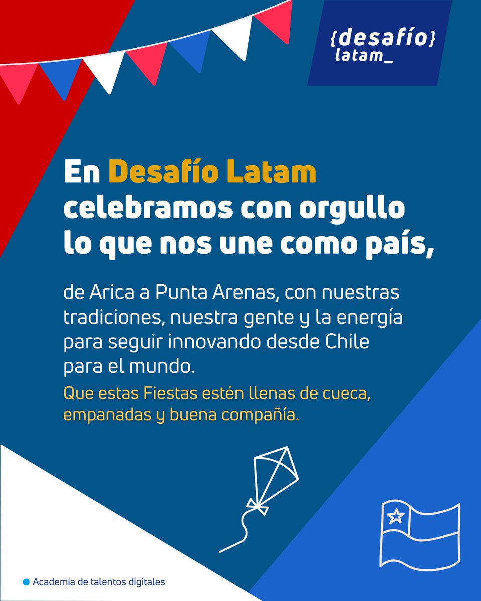 En 𝗗𝗲𝘀𝗮𝗳í𝗼 𝗟𝗮𝘁𝗮𝗺 celebramos la fuerza de nuestra comunidad y el orgullo de crecer juntos desde Chile hacia toda Latinoamérica. 🌎✨

Que estas Fiestas Patrias estén llenas de tradición, alegría y buena compañía.
¡𝗙𝗲𝗹𝗶𝗰𝗲𝘀 𝗙𝗶𝗲𝘀𝘁𝗮𝘀! 

 #FiestasPatrias #Chile
