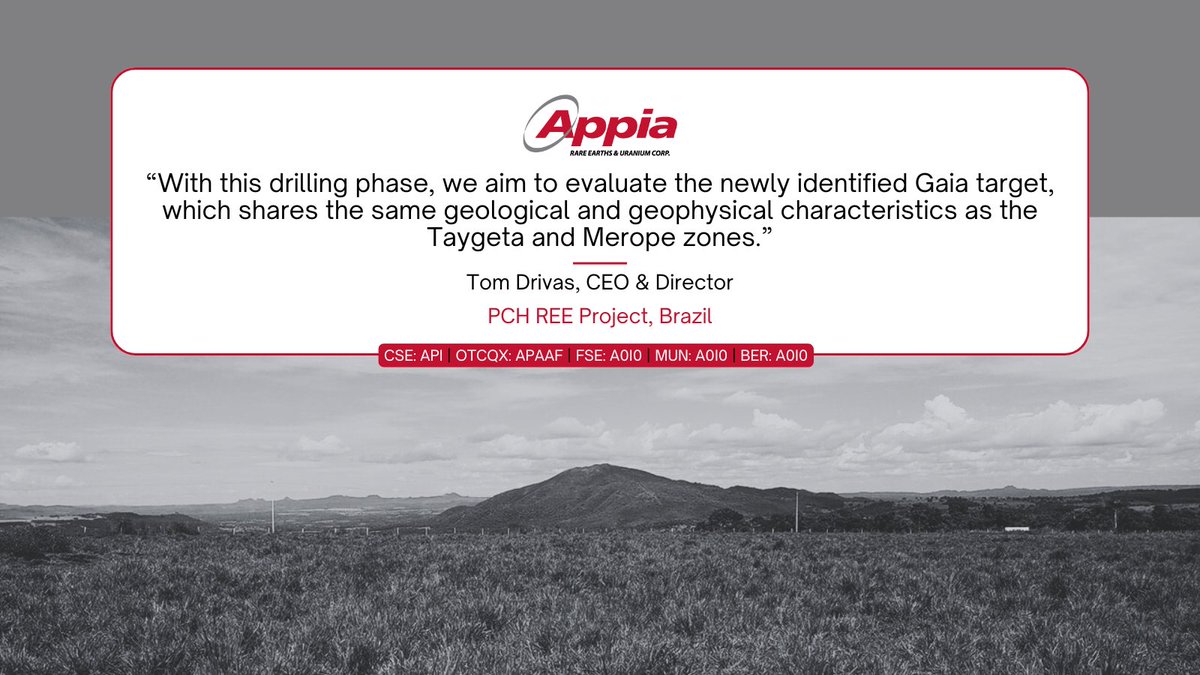 These first holes will test the newly defined Gaia target, located adjacent to the Taygeta and Merope zones
📍 PCH REE project | Brazil
News release 🔗 stockmkt.info/3IShopF or download our mobile app to stay up to date.
 🇨🇦 CSE: $API.CA | 🇺🇸 OTCQX: $APAAF  | 🇩🇪 FWB: A0I0